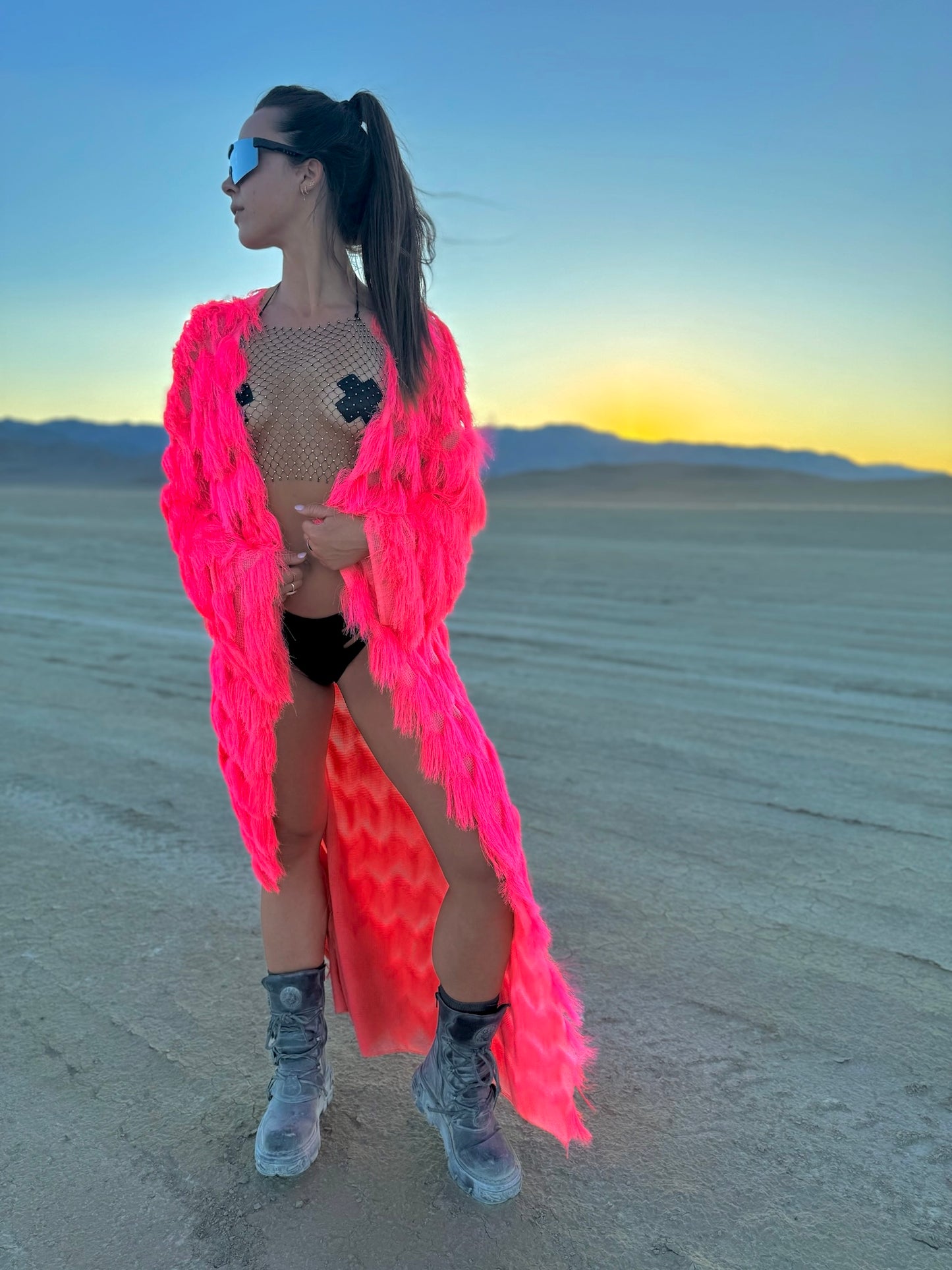 Vibrant Neon Pink Fringe Kimono